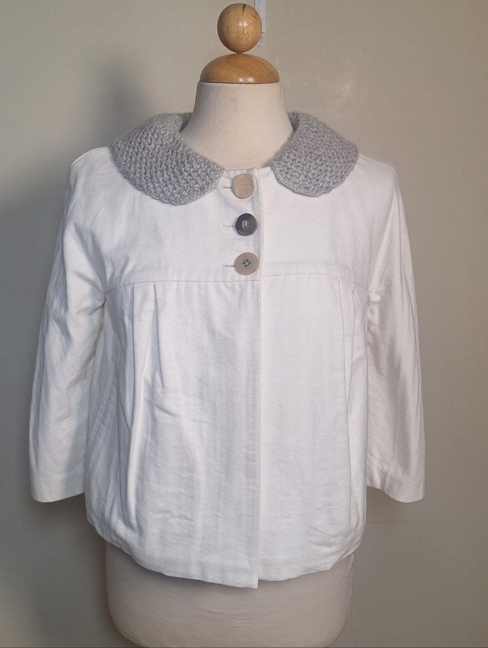 Ports 1961 Cotton Cropped Gathered Puffed Hem Removable Chuncky Knit Collar SZ 6